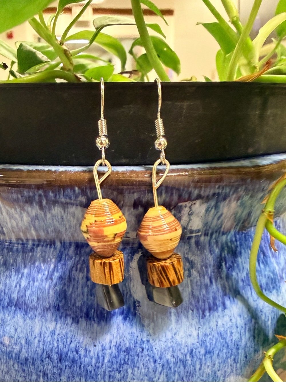 Handmade Orange Wood Bead Drop Earrings